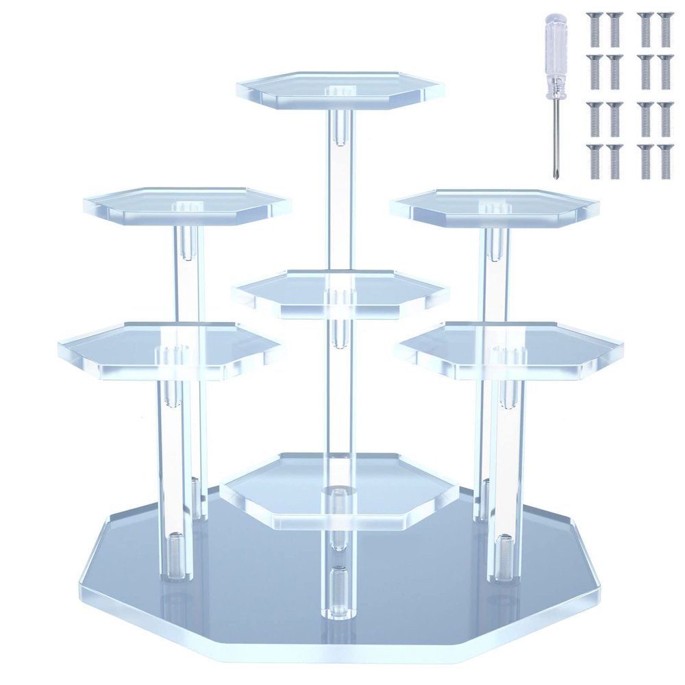 Acrylic Cupcake Stand with Patented 7-Tier Stable Design, Clear Perfume Organizer and Dessert Display Riser, Non-Wobble Tiered Display Stand for Figures, Collections, Vendor Events & Party (Small-Clear)