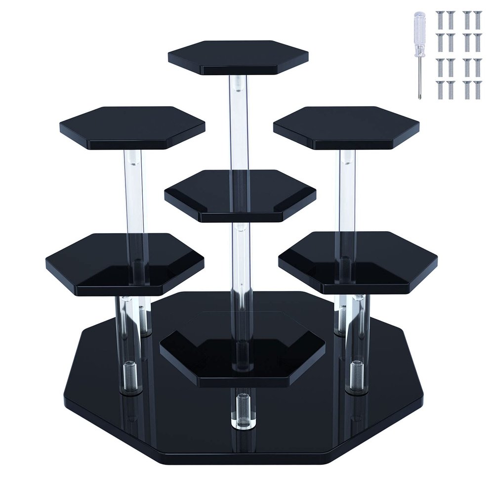 Acrylic Cupcake Stand with Patented 7-Tier Stable Design, Clear Perfume Organizer and Dessert Display Riser, Non-Wobble Tiered Display Stand for Figures, Collections, Vendor Events & Party(Small-Black)