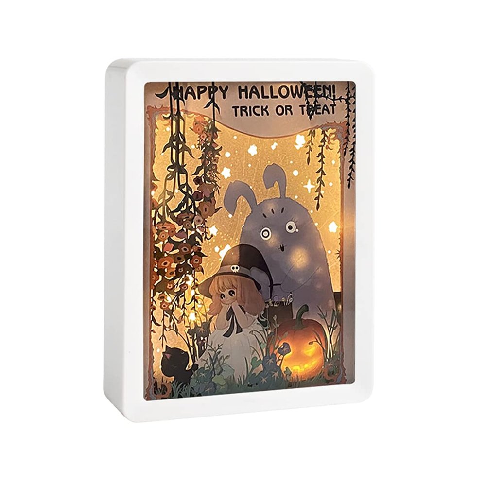 RSLIPIN 3D Paper Carving Lamp LED Night Light Desk Lamp Bedside Lamp Children's Room Decoration Christmas Party Gifts (Trick or treaters - White)