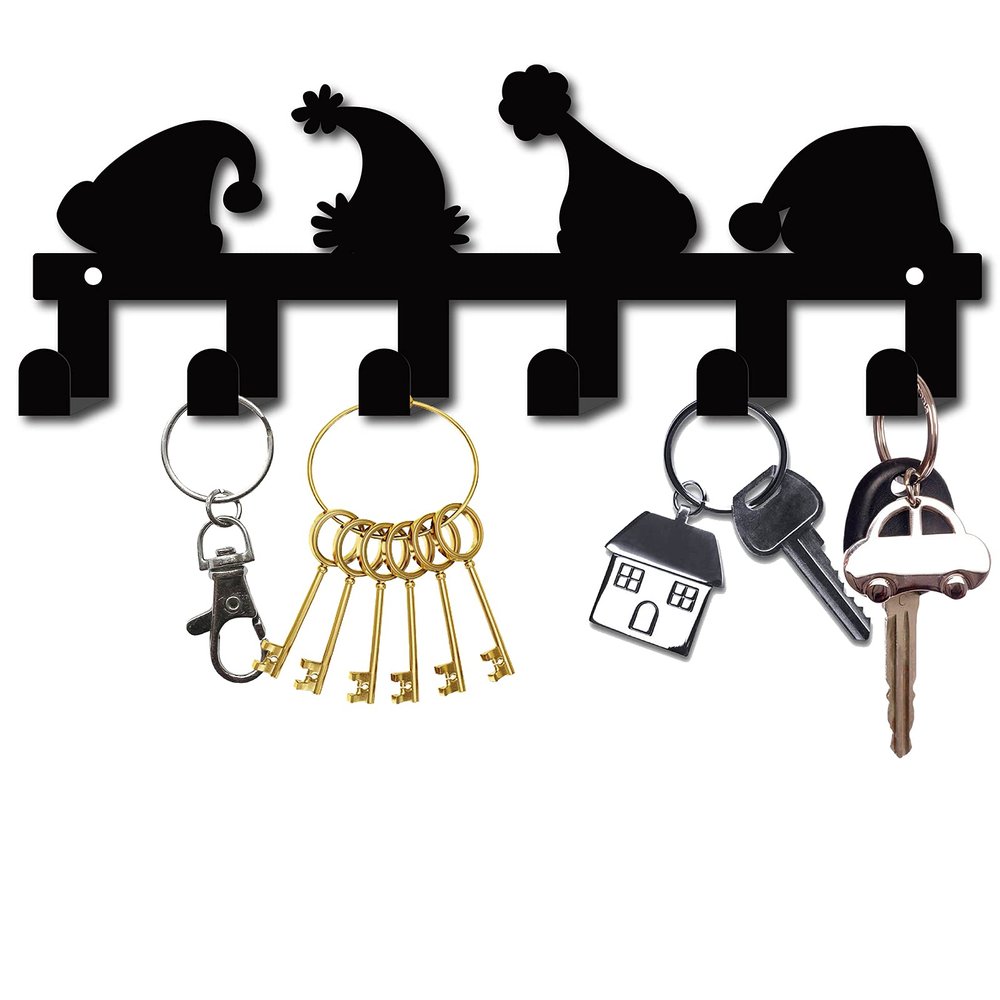 GORGECRAFT Christmas Hat Key Holder Cast Iron Wall Hanger Coat Rack Wall Mounted Hat Shaped Decorative with 6 Hooks for Jewelry Keys Hat Backpack Clothes Pet Leash Umbrella Organizer, Black