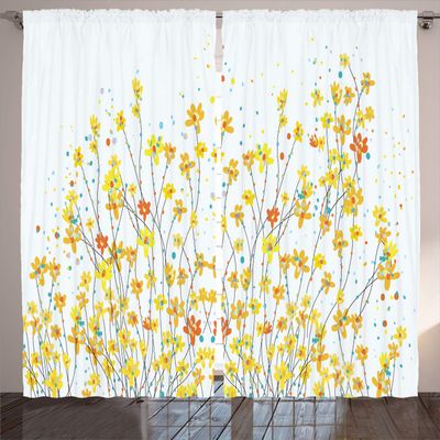Ambesonne Daffodil Curtains, Botanical Blooming Spring Field Gardening Theme with Color Splatters, Living Room Bedroom Window Drapes 2 Panel Set, 108" X 63", Yellow Orange Pale Blue