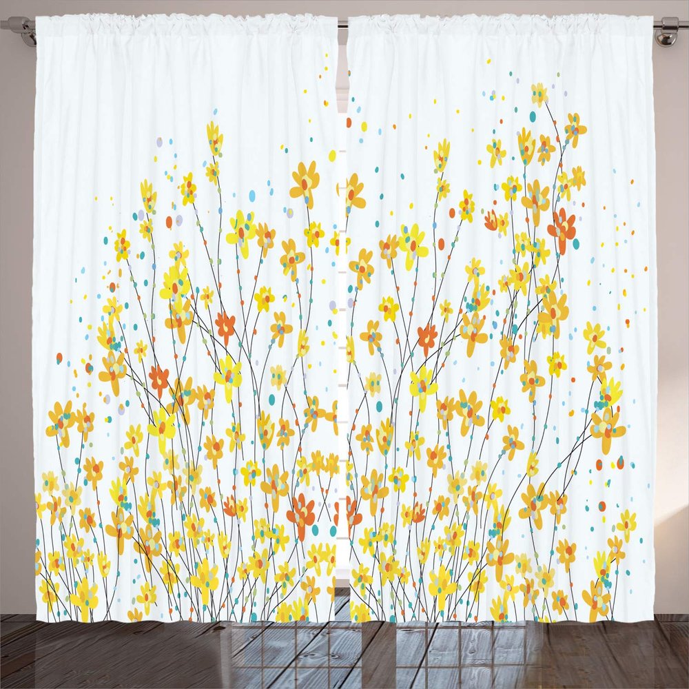 Ambesonne Daffodil Curtains, Botanical Blooming Spring Field Gardening Theme with Color Splatters, Living Room Bedroom Window Drapes 2 Panel Set, 108" X 63", Yellow Orange Pale Blue
