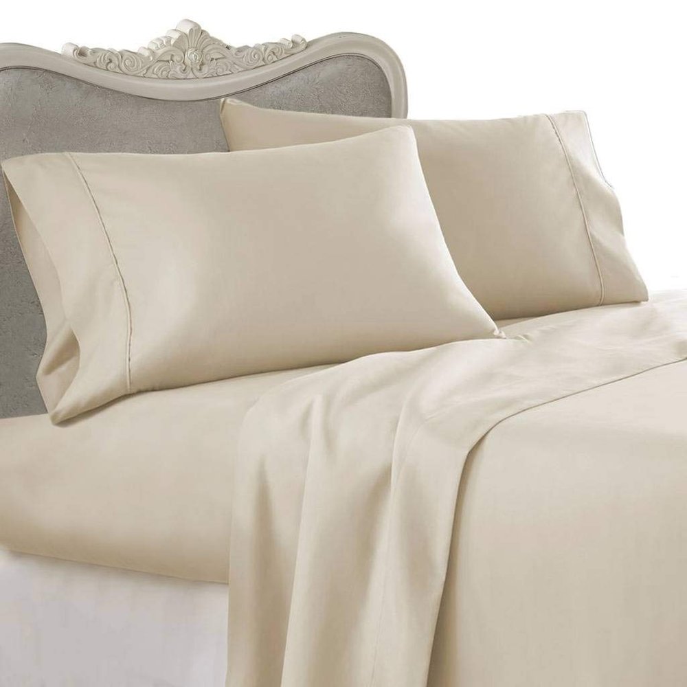 Unique Beddings Italian Finish 1500-TC Combed Cotton 4-PCs Sheet Set Fits Mattress 15-18'' Deep Pocket (King Size) Hotel Feel Bed Sheets for Bed (Solid, Beige)