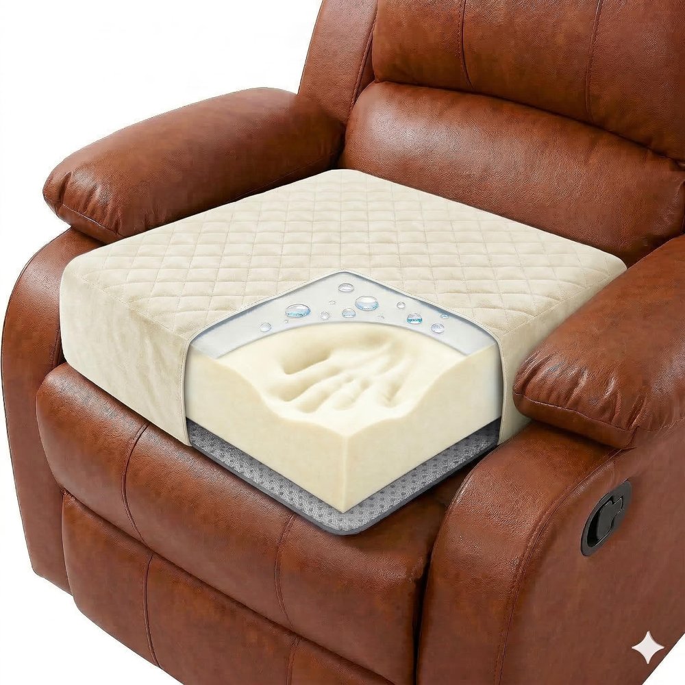 COMFORTANZA Medium-Soft 20x20x5 Memory Foam Recliner Chair Seat Cushion for Long Sitting - Armchair Pad with Washable Velvety Cover with Waterproof Layer & Non-Slip Base for Seniors & Elderly - Cream