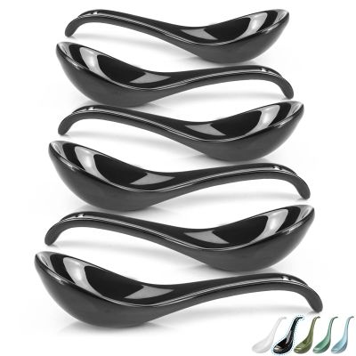 Artena 6.75-inch Asian Soup Spoon Set of 6, Ultra-fine Porcelain Japanese Soup Spoon, Black Ramen Spoons for Pho Noodles Miso, Chinese Soup Spoons for Dumpling Wonton Cereal, Deep Oval Hook Design