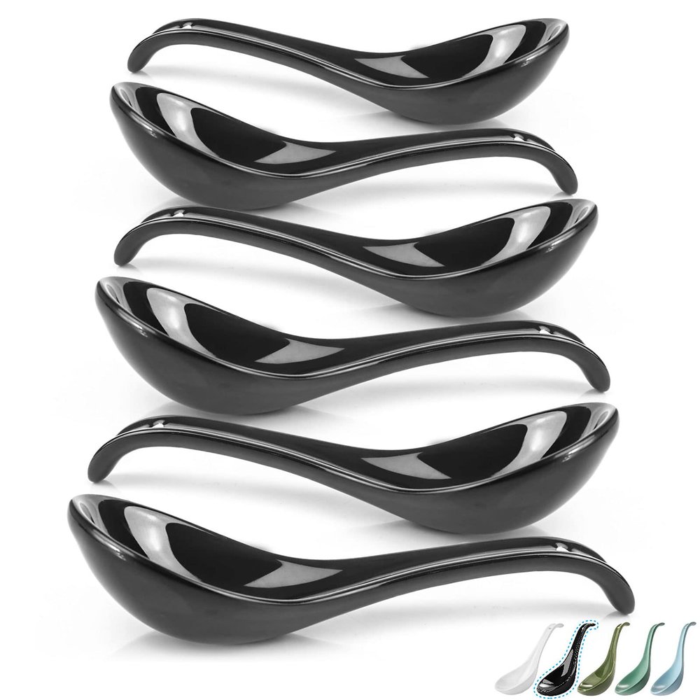 Artena 6.75-inch Asian Soup Spoon Set of 6, Ultra-fine Porcelain Japanese Soup Spoon, Black Ramen Spoons for Pho Noodles Miso, Chinese Soup Spoons for Dumpling Wonton Cereal, Deep Oval Hook Design