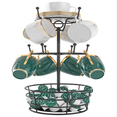 ASTLIHO 360 Rotating Coffee Mug Holder - Metal 3 Tier Mug Tree Rack Cup Holder for Countertop with 10 Hooks, Coffee Pods Holder for Bar Organizer Kitchen Counter - Black