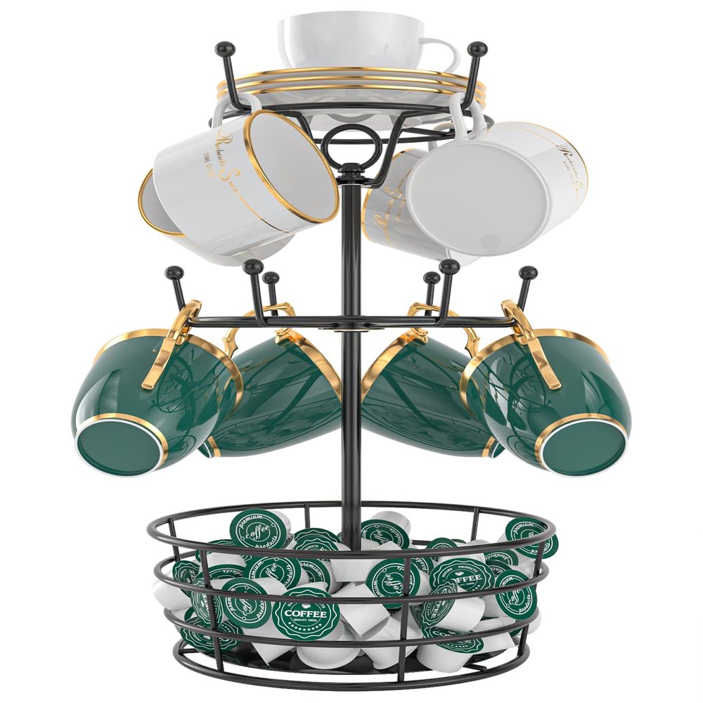 ASTLIHO 360 Rotating Coffee Mug Holder - Metal 3 Tier Mug Tree Rack Cup Holder for Countertop with 10 Hooks, Coffee Pods Holder for Bar Organizer Kitchen Counter - Black