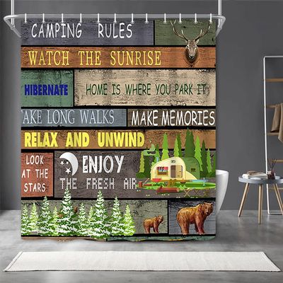 DORCEV 70x72inch Camping Rules Shower Curtain Moose Head Bear Camper Trailer Countryside Forest Bath Curtain Rustic Wood Plank Funny Inspirational Quote Fabric Polyester for Bathroom Decor with Hooks