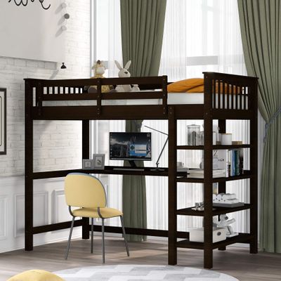 Twin Size Loft Bed, Wooden Loft Bed Frame with Storage Shelves and Under-Bed Desk, Full-Length guardrail, Built-in Ladder, Wooden Loft Bed Frame for Kids Teens Adult, No Box Spring Needed (Espresso)
