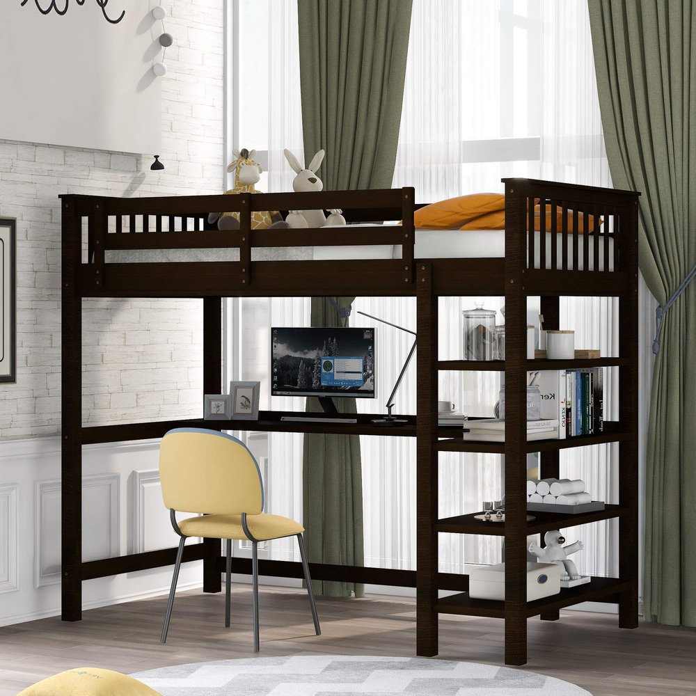 Twin Size Loft Bed, Wooden Loft Bed Frame with Storage Shelves and Under-Bed Desk, Full-Length guardrail, Built-in Ladder, Wooden Loft Bed Frame for Kids Teens Adult, No Box Spring Needed (Espresso)