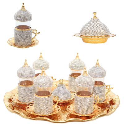 Alisveristime Crystal-Embellished Turkish Tea Glass Set with Zamak Holders and Saucers (SET of 6) (Gold)