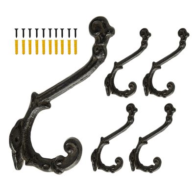 0-moyi 5 Packs Vintage Decorative Hooks Cast Iron Wall Wood Mounted Hooks Sturdy for Farmhouse Coats Bags Hats Towels(Screws Included)