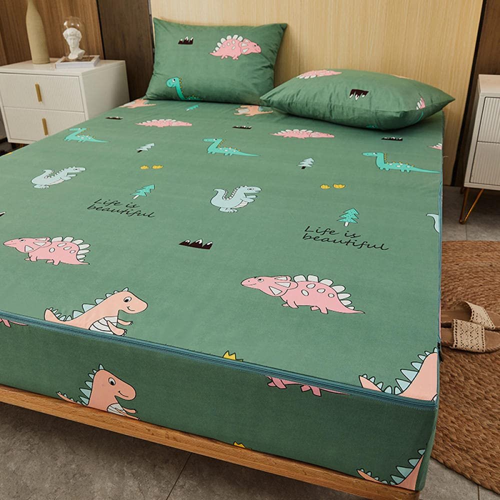 CFYCYHDZHT Bedsheet Set Waterproof Zipper Cartoon six Sided All Inclusive deep Pocket Fitted Sheets, Mattress Protector for Children's Bedroom Dinosaur 1 200220cm+10cm