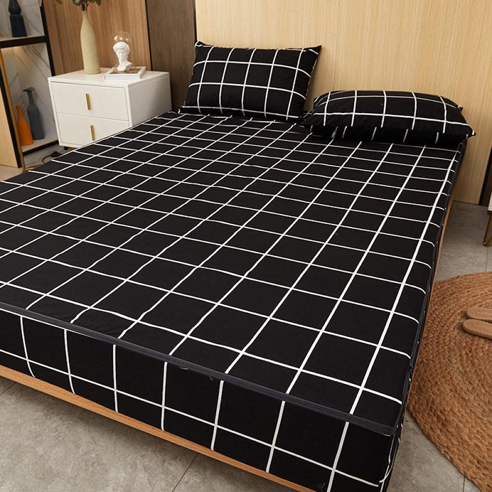 CFYCYHDZHT Bed Sheet Queen Size Waterproof Zipper Cartoon six Sided All Inclusive deep Pocket Fitted Sheets, Mattress Protector for Children's Bedroom Checkered 120cmx200cm+25cm