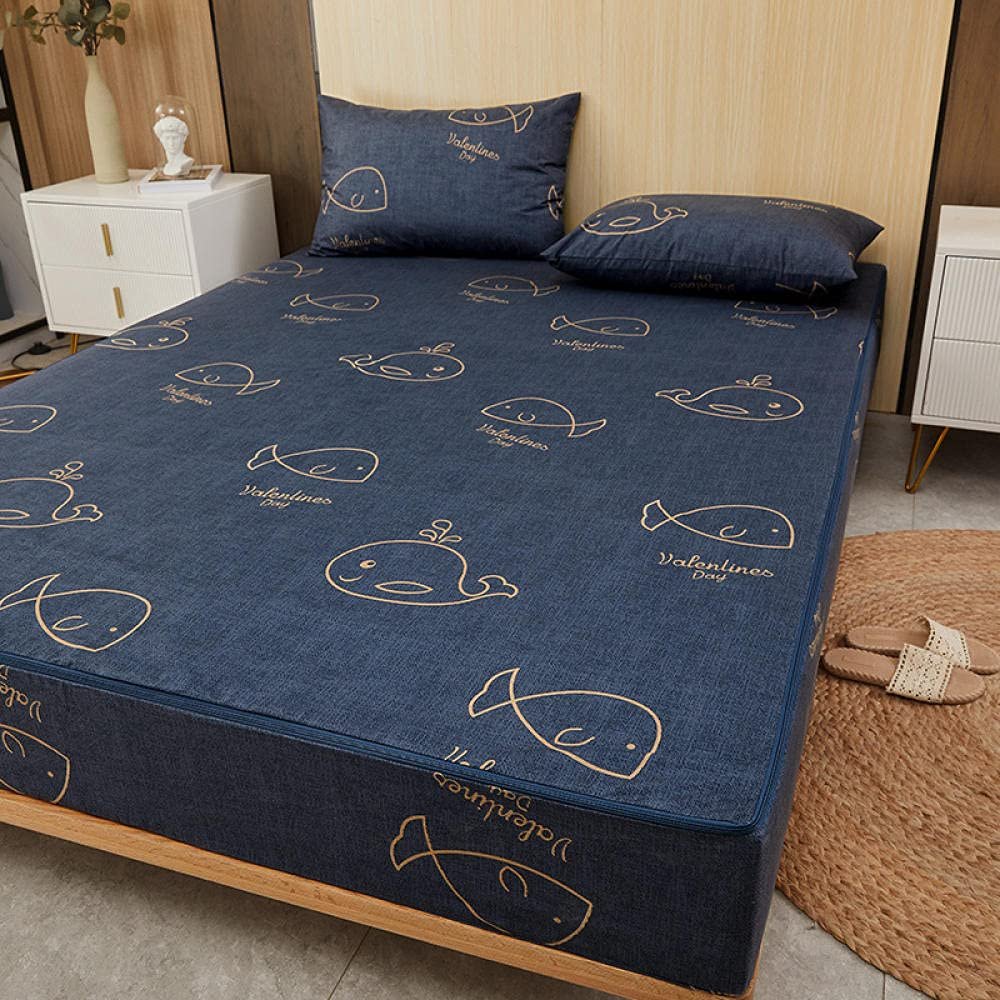 CFYCYHDZHT Bed Sheet Queen Size Waterproof Zipper Cartoon six Sided All Inclusive deep Pocket Fitted Sheets, Mattress Protector for Children's Bedroom Whale 150cmx200cm+15cm