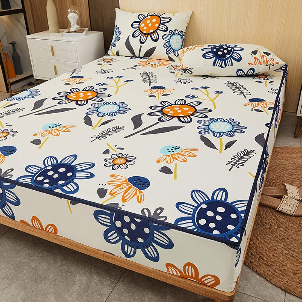 CFYCYHDZHT Bed Sheet Set Waterproof Zipper Cartoon six Sided All Inclusive deep Pocket Fitted Sheets, Mattress Protector for Children's Bedroom Flower 180cmx200cm+15cm