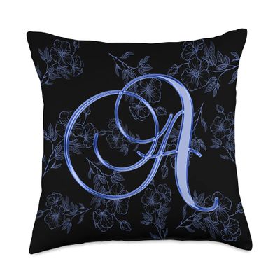A Blue Flower Garden Leaf Plant Bloom Initial Letter Name Throw Pillow