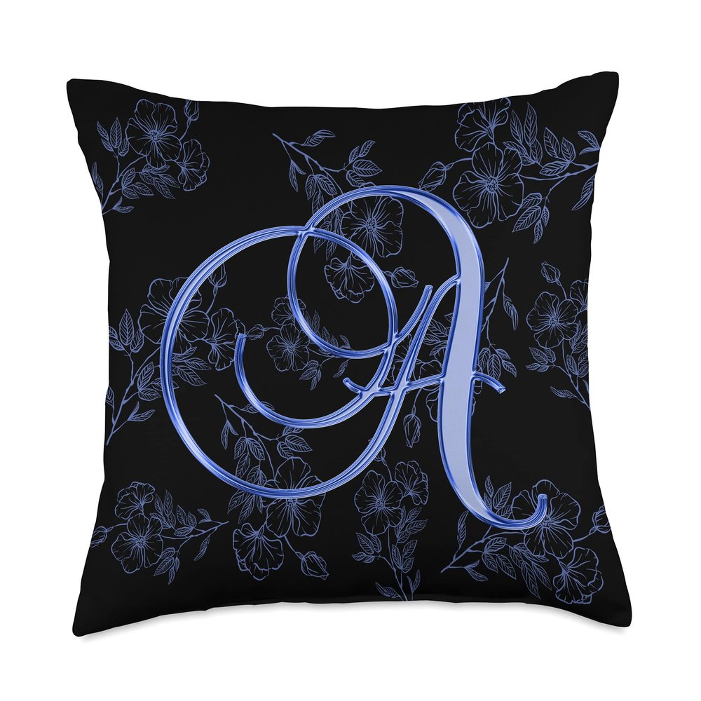 A Blue Flower Garden Leaf Plant Bloom Initial Letter Name Throw Pillow