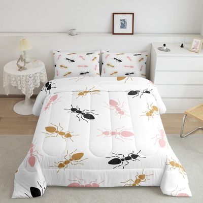 Cartoon Ant Bedding Set Cartoon Cute Ant Comforter Set for Kids Boys Girls Lovely Animal Comforter Pink Brown Black Decor Quilt Room Decor 3Pcs Full Size