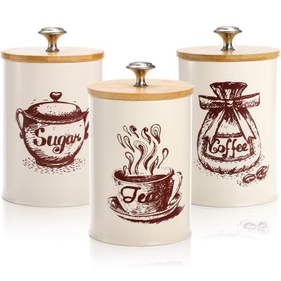 Youeon Small Canister Sets for Kitchen Counter, 25 Oz Coffee Sugar Tea Canister Set, Metal Vintage Kitchen Container 3 Pack, Food Storage Containers with Bamboo Lid, Farmhouse Decor, Beige