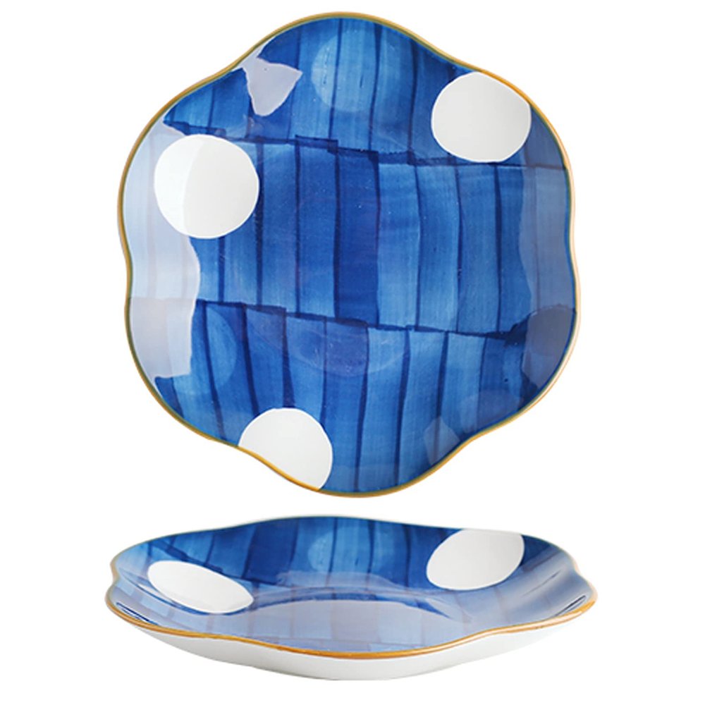 8-inch Dinner Plate Set, Blue and White Serving Plates, Tableware for Dinner/Steak/Main Course, Microwave & Dishwasher Safe (Color : Moon-Night)