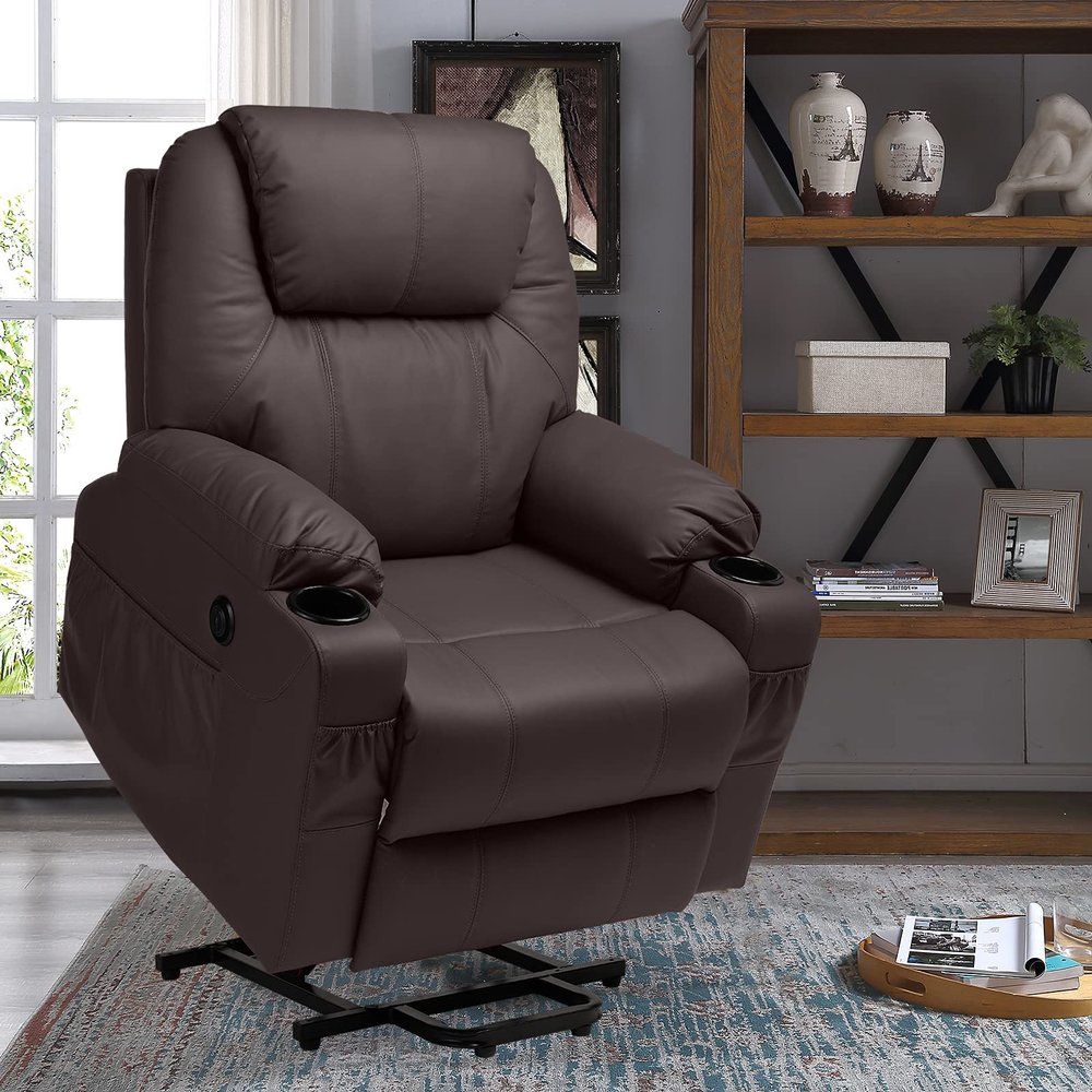 RELAXIXI Power Lift Recliner Chair, Recliners for Elderly, Heated Vibration Massage Sofa with USB Ports (Faux Leather,Brown)