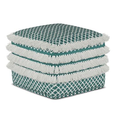 SIMPLIHOME Leah Boho Square Woven Outdoor/ Indoor Pouf in Turquoise and White Recycled PET Polyester for the Living Room, Bedroom and Kids Room