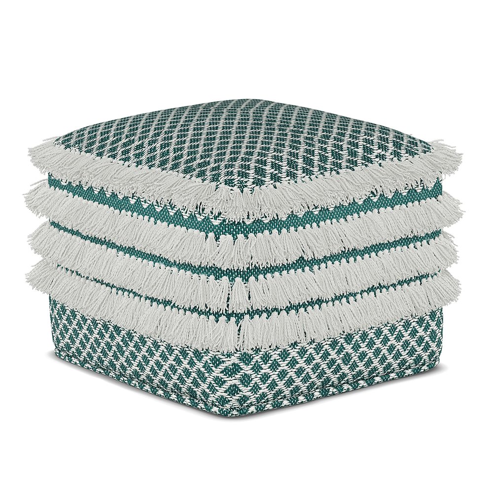 SIMPLIHOME Leah Boho Square Woven Outdoor/ Indoor Pouf in Turquoise and White Recycled PET Polyester for the Living Room, Bedroom and Kids Room