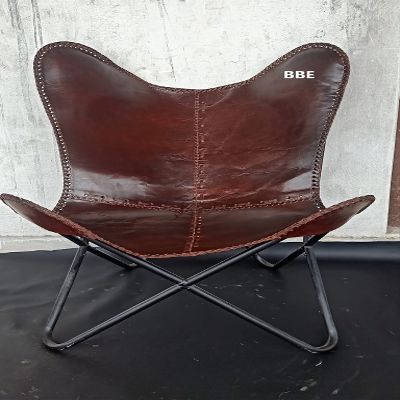BBE Vintage Leather Butterfly Chair, Handmade Decorative Chairs, Folding Chair Gift, Comfortable Dining Room Chair, Lounge Chair, Dark Brown, Large