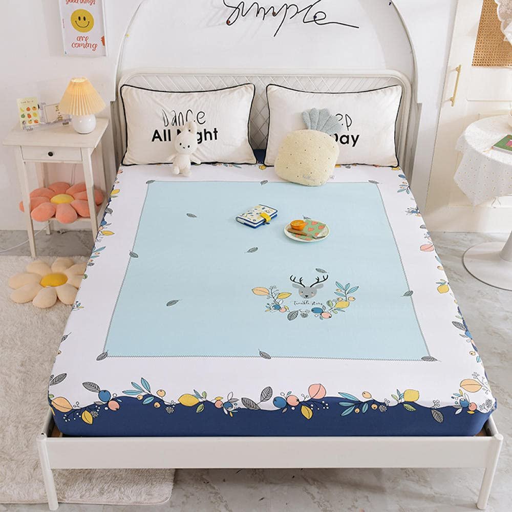 CFYCYHDZHT Bottom Sheets Soft Comfortable Printed Mattress Protector, Cartoon Animation Cotton Fitted Sheets for Children's Bedroom Deer 180200cm
