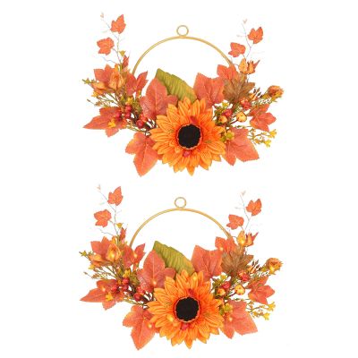 HUIKJI 2Pcs Autumn Wreath,Hanging with Maple Leaves Wreath Light String Sunflower,Fall Leaf Swag for Indoor Outdoor Wall Door Livingroom Decoration 11.8in, Orange (210621XY03-2x2-10439-1908142591)