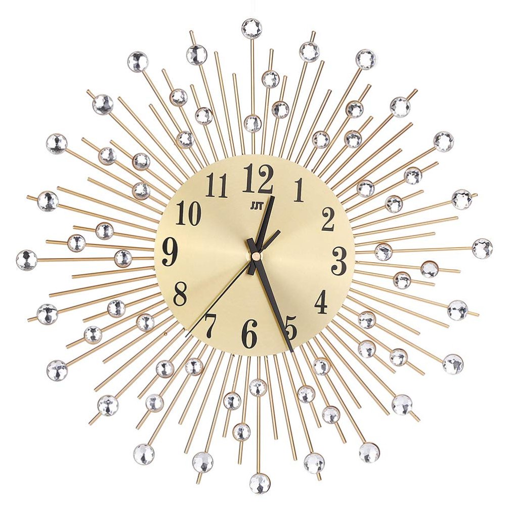 Amosfun 3D Clock Wall Decor Bling Silver Wall Clock Diamonds Living Room Decor Modern (Gold)
