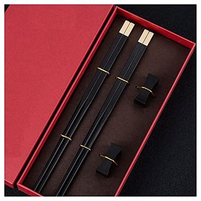 1 Pair Reusable Natural Black Ebony Wood Chopsticks, Lightweight Easy to Use Wood Chop Sticks Gift Set With Rest, Square Handle