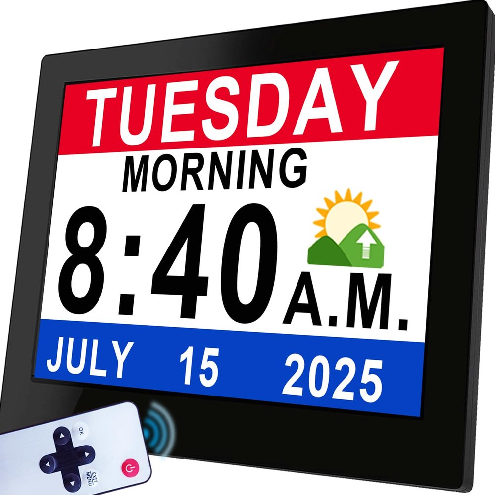 Vfa 19 Alarms Dementia Clock 8 Inch Large Display, Auto DST, 10 Levels Auto Dimmable, Non-Abbreviated Date and Day Calendar Clock for Seniors, with Power Adaptor, Picture Frame Feature