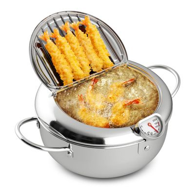 Houseables Mini Deep Fryer, Japanese Frying Pot, Stove Top Deep Fryer Pot, Frying Pot with Basket, with Lid, Temperature Gauge, Oil Drain Rack, Small, Baby, Tempura, Stainless Steel, 2.3 Quarts (2.2L)