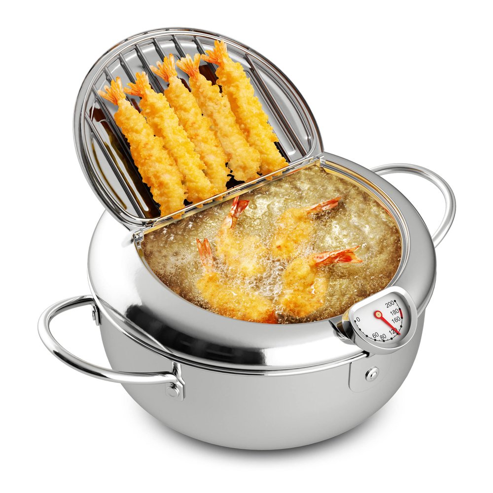 Houseables Mini Deep Fryer, Japanese Frying Pot, Stove Top Deep Fryer Pot, Frying Pot with Basket, with Lid, Temperature Gauge, Oil Drain Rack, Small, Baby, Tempura, Stainless Steel, 2.3 Quarts (2.2L)