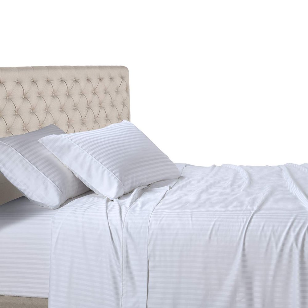 100% Egyptian Cotton 600 Thread Count 6 Pc Bed Sheets-Queen Size, Deep Pocket Upto 18-20'' Sheet Set,White Stripe