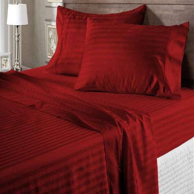 100% Egyptian Cotton 600 Thread Count 6 Pc Bed Sheets-RV Short King Size, Deep Pocket Upto 18-20'' Sheet Set,Burgundy Stripe