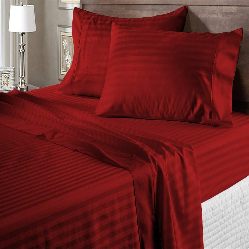 100% Egyptian Cotton 600 Thread Count 6 Pc Bed Sheets-RV Short King Size, Deep Pocket Upto 18-20'' Sheet Set,Burgundy Stripe