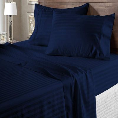 100% Egyptian Cotton 600 Thread Count 7 Pc Bed Sheets-Split King Size, Deep Pocket Upto 18-20'' Sheet Set,Royal Blue Stripe