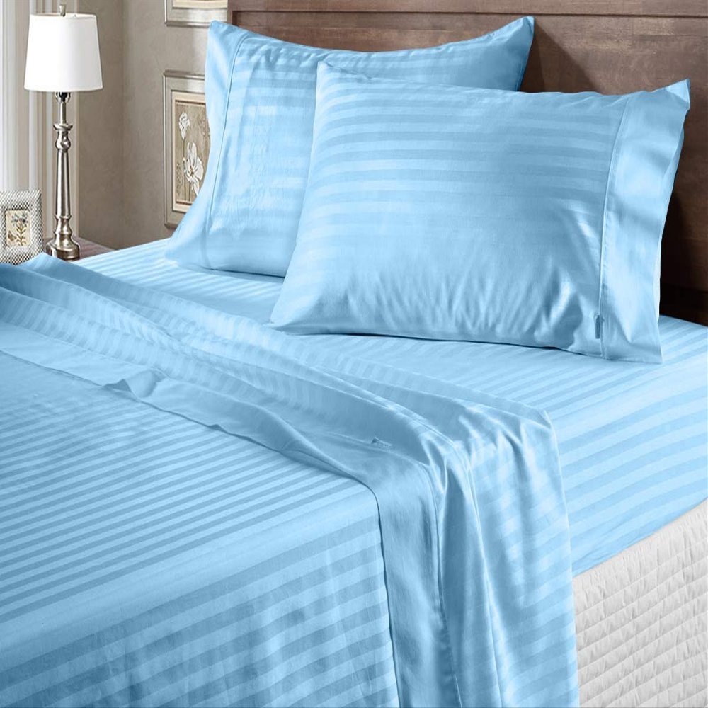 100% Egyptian Cotton 600 Thread Count 6 Pc Bed Sheets-RV Short King Size, Deep Pocket Upto 18-20'' Sheet Set,Light Blue Stripe