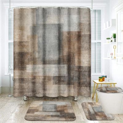 ArtSocket Beige Grey Abstract Bathroom Set with Shower Curtain and Rugs Accessory, Painting Brown Abstract Shower Curtain for Bathroom Decor 4 Pcs