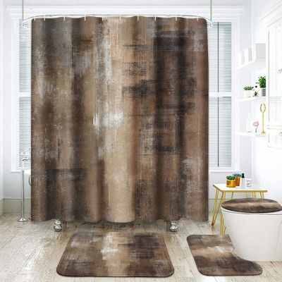 ArtSocket Burnt Brown Grey Bathroom Set with Shower Curtain and Rugs Accessory, Abstract Painting Modern Abstract Shower Curtain for Bathroom Decor 4 Pcs