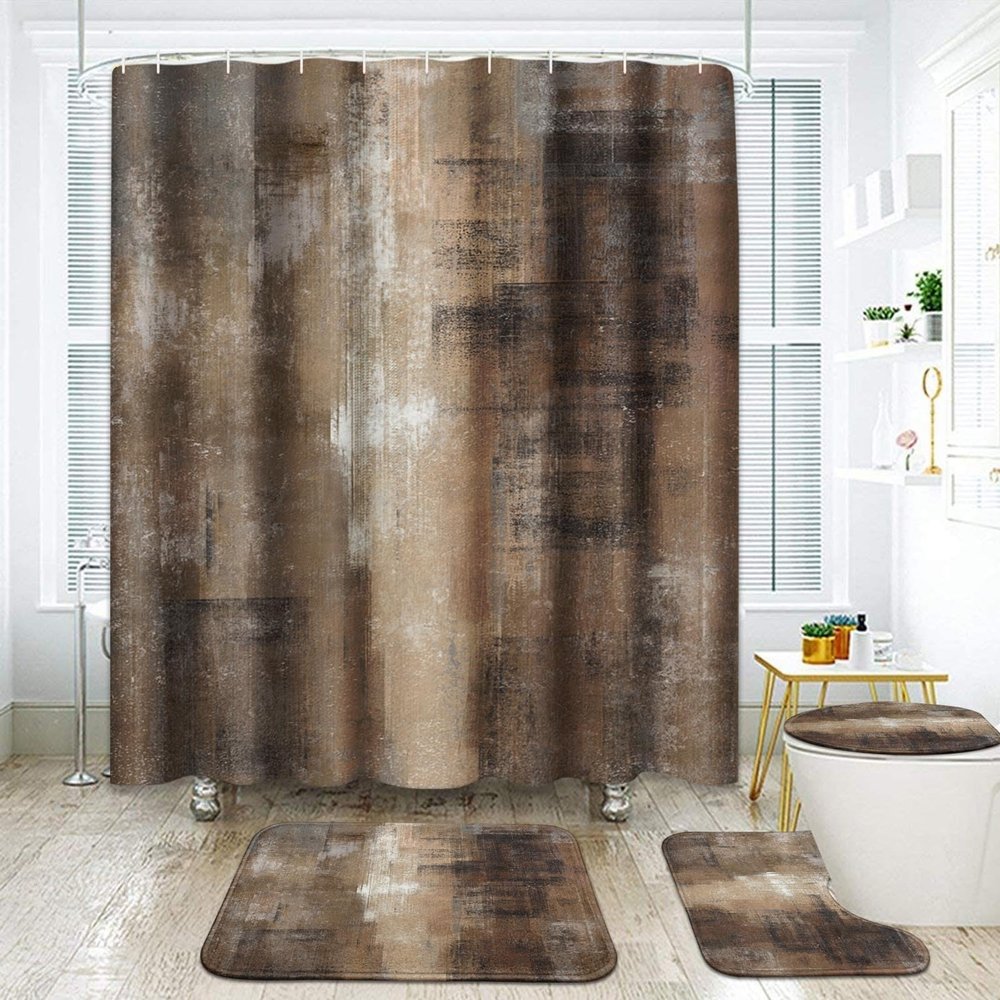 ArtSocket Burnt Brown Grey Bathroom Set with Shower Curtain and Rugs Accessory, Abstract Painting Modern Abstract Shower Curtain for Bathroom Decor 4 Pcs