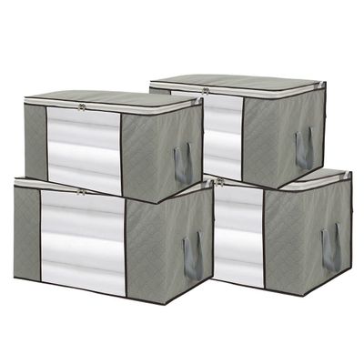 4 Pack Foldable Large Storage Bags 28 x 20 x 12 (L x W x H) inch for Comforter Quilt Blanket Clothes with Clear Window & Handles - Easy to Fit King Size Comforter Set - Closet Under Bed Organizer
