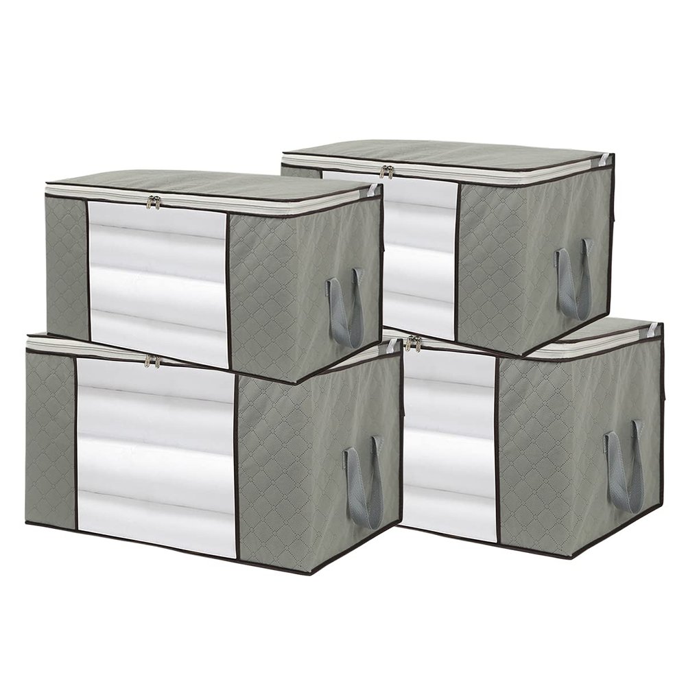 4 Pack Foldable Large Storage Bags 28 x 20 x 12 (L x W x H) inch for Comforter Quilt Blanket Clothes with Clear Window & Handles - Easy to Fit King Size Comforter Set - Closet Under Bed Organizer