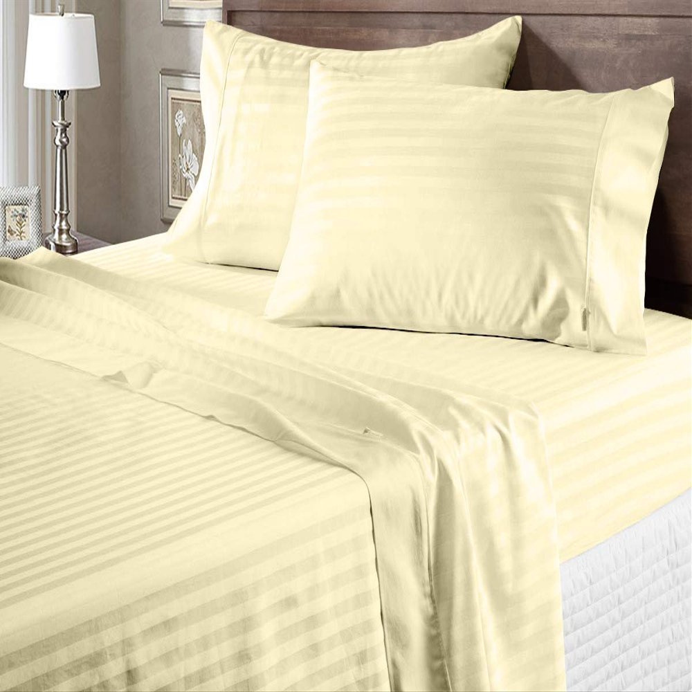 100% Egyptian Cotton 600 Thread Count 6 Pc Bed Sheets-King Size, Deep Pocket Upto 18-20'' Sheet Set,Ivory Stripe