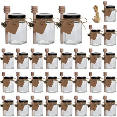 30 Pack 4oz Honey Jars with Black Lids & Bee Pendants Hexagon Glass Jars for Honey, Jam, Spices, Party Favors, Wedding Gifts & DIY Projects (Includes Wooden Honey Sticks, Tags & Jute Twine)