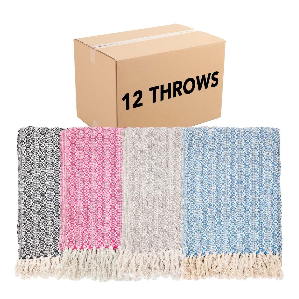 Arkwright Common Ground Bulk Blankets - Pack of 12 - Reversible 100% Cotton All Season Lightweight Couch Bed Throws for Wedding Guests, Travel, and Outdoor Events, 50 x 70 in, Aztec